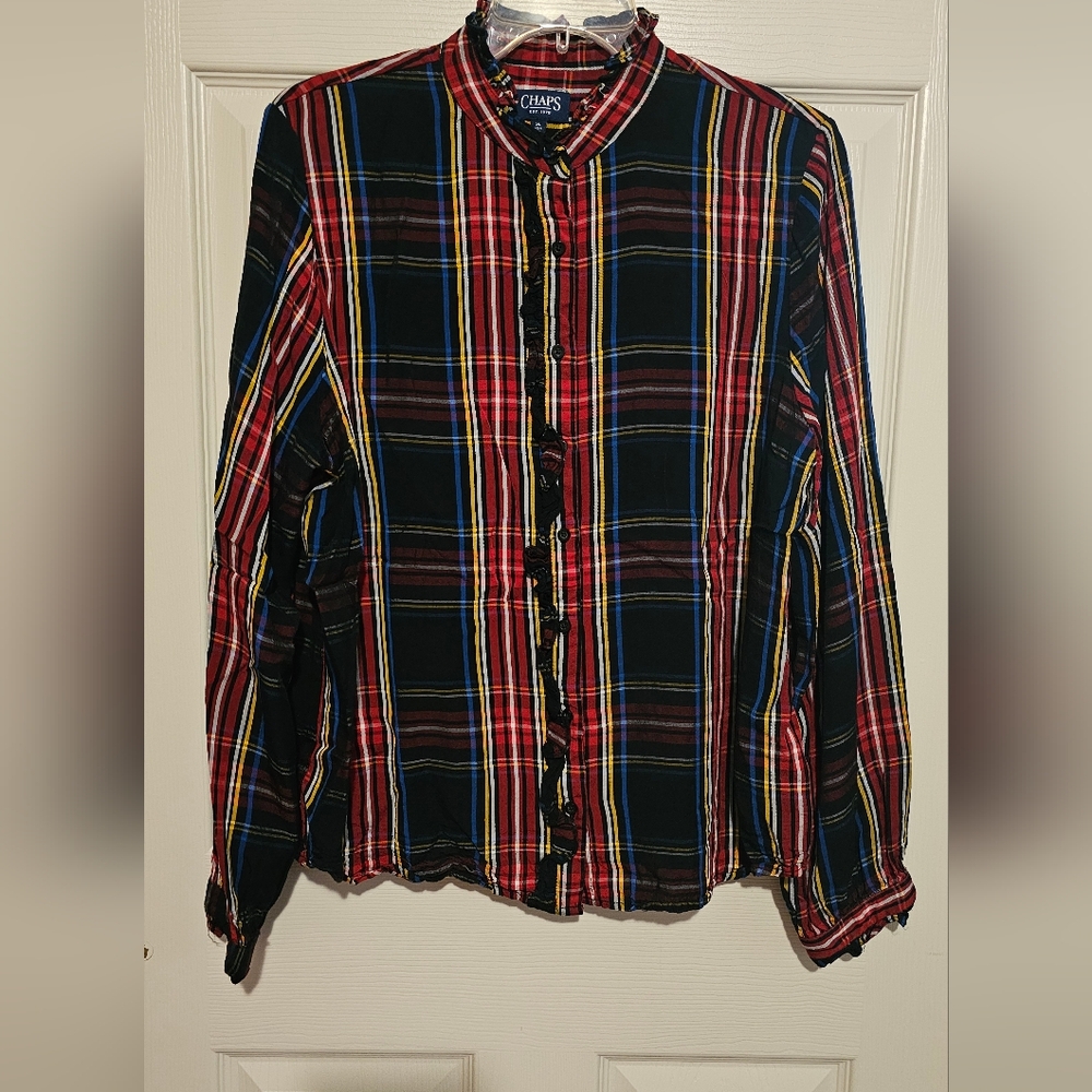 Lady's Ralph Lauren Chaps Multicolor Plaid Shirt W/ Ruffled Collar Sz XL